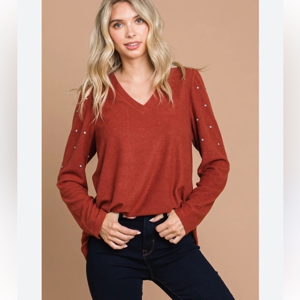 Cotton Bleu Soft Warm Hacci Brushed Top with Rhinestones Details 1X